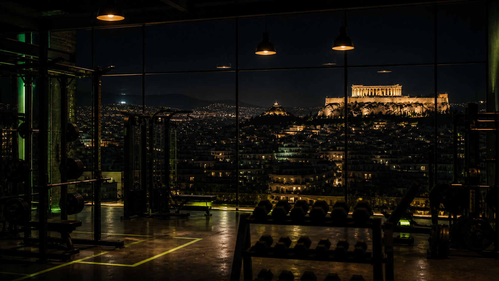 Premium gym overlooking the Acropolis at night in Athens